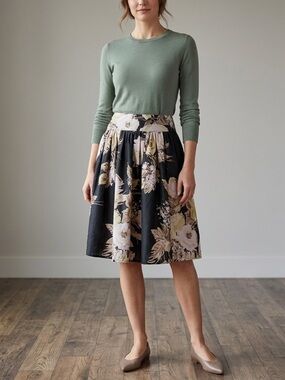 LOFT Black Floral Pleated Skirt with Cream and Green Blooms